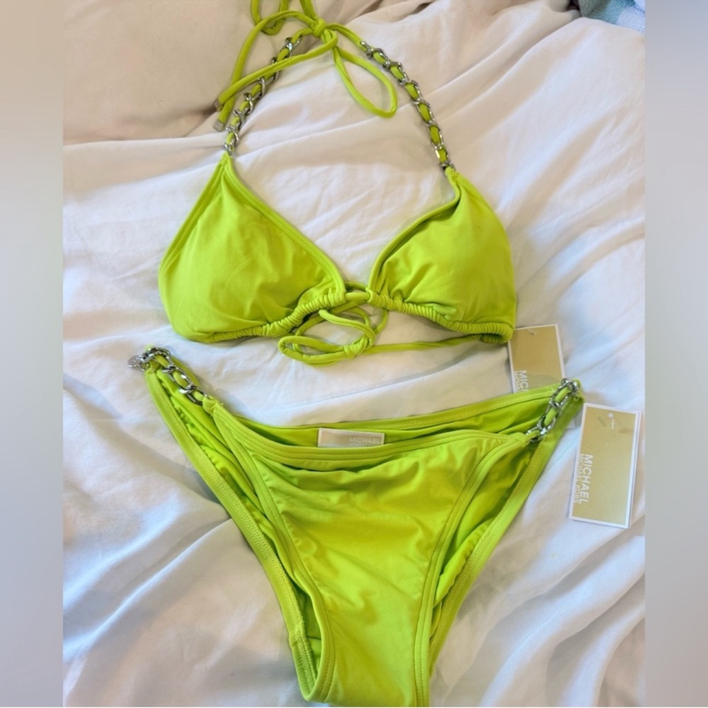 NWT Michael Kors neon Limeade Triangle chains String Bikini Top M Bottom L - Picture 2 of 15